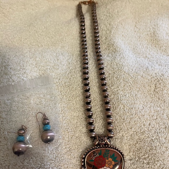 Copper and Turquoise Beaded Necklace and Earring Set - Picture 2 of 5